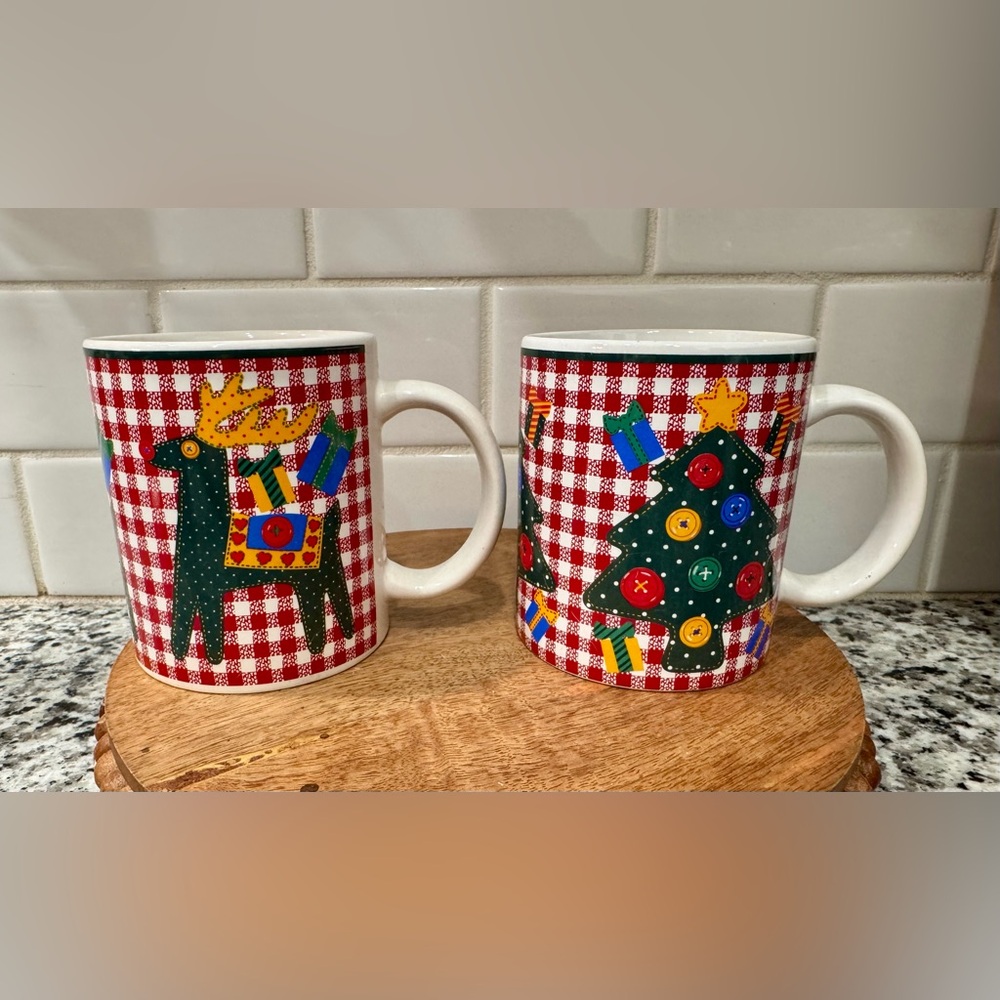 Vintage Christmas Mugs with Gingham Reindeer and Tree Design
